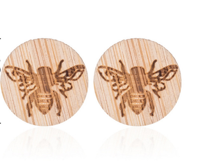 Wood Round Bee Stud Earrings